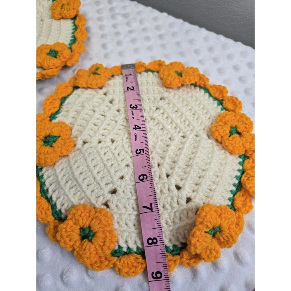 Vintage Crocheted Pot Holder Set Hot Pad Round Autumn Harvest Floral 9